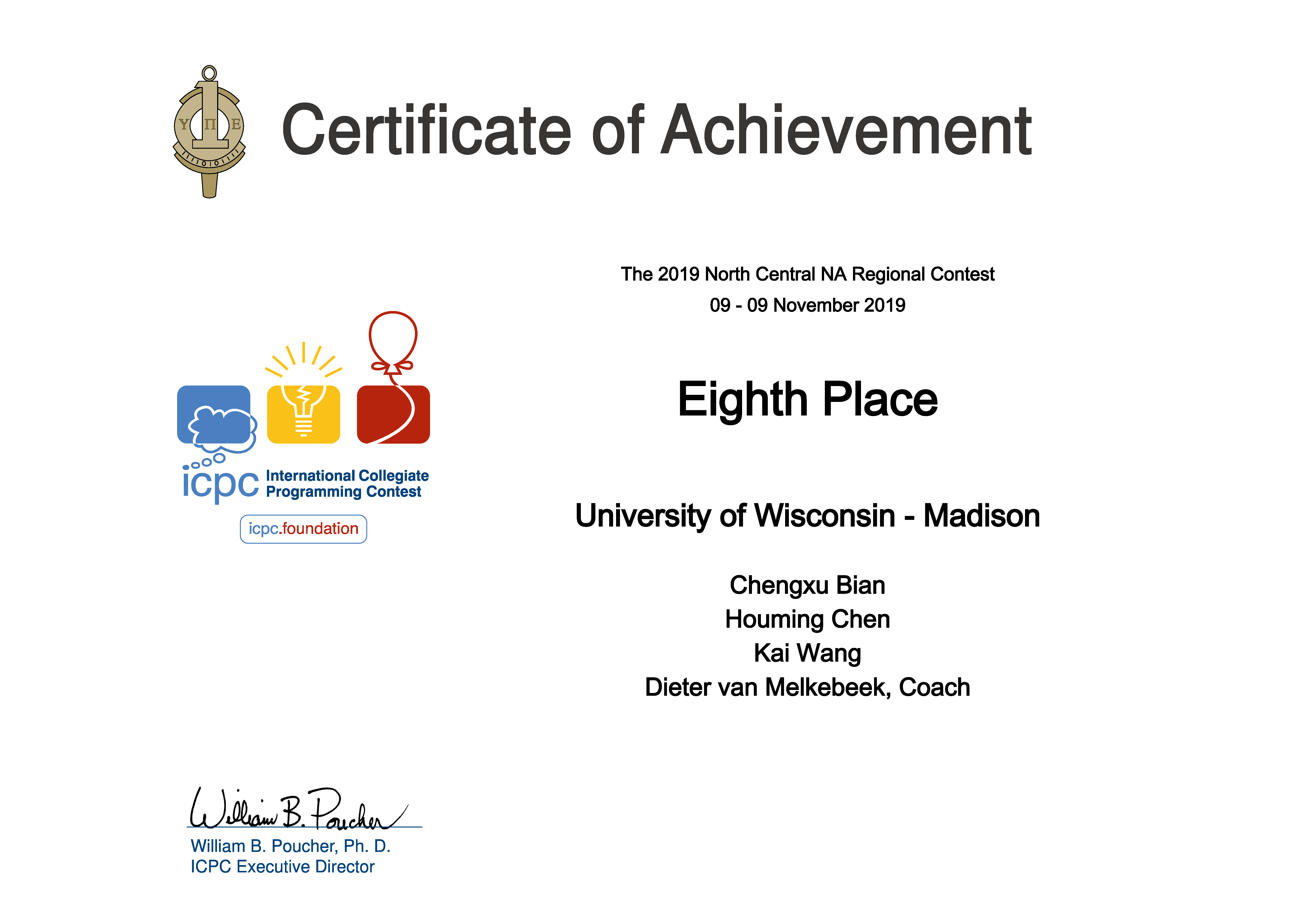 Silver Medal - ICPC 2019 North Central NA Regional Contest - Place